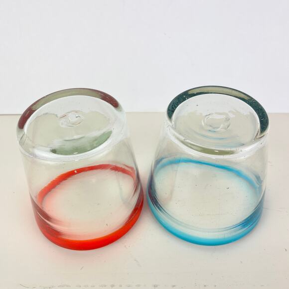 Hand Blown Mexican Bubble Rocks Glass with Colored Rims Set of 2 - Picture 5 of 5